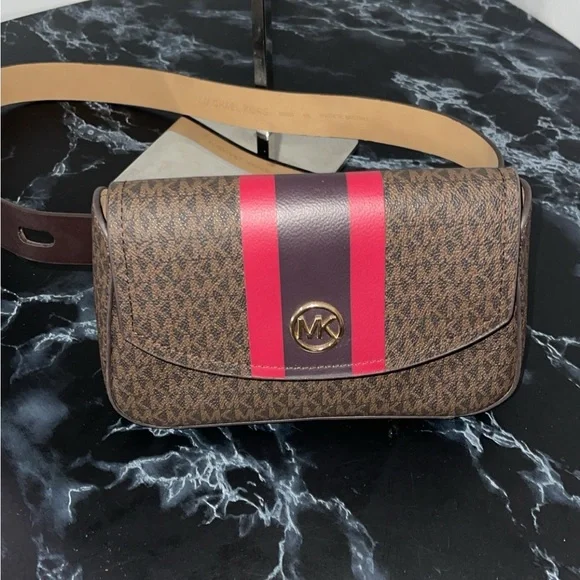 Michael Kors Brown Signature Leather Stripe Waist Fanny Belt Bag S/M - Picture 9 of 13